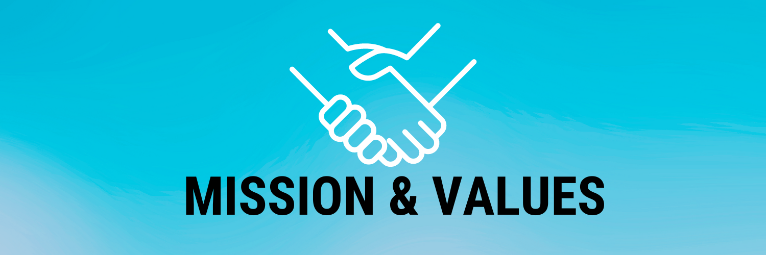 A blue banner image that reads "Mission & Values" in black with the image of shaking hands above it in white
