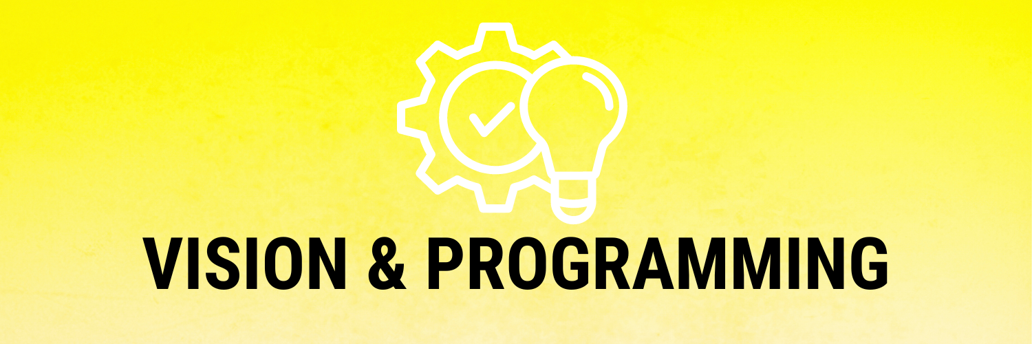 A yellow banner image that reads "Vision & Programming" in black with the image of cog wheel and lightbulb above it in white