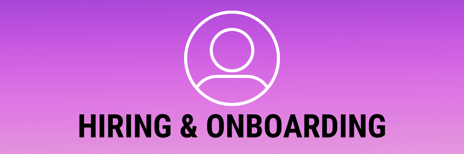 A purple banner image that reads "Hiring and Onboarding" in black with the image of a person's head and shoulders in a circle above it in white